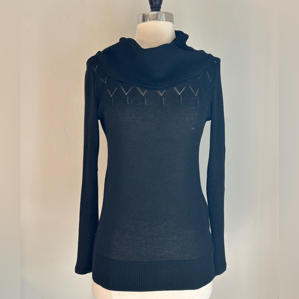 Black Cowlneck Lightweight Pointelle Detail Sweater, Size Medium (Juniors)